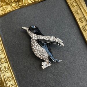Monet Black & Silver Penguin Bird Brooch - Sparkling Crystal Accent